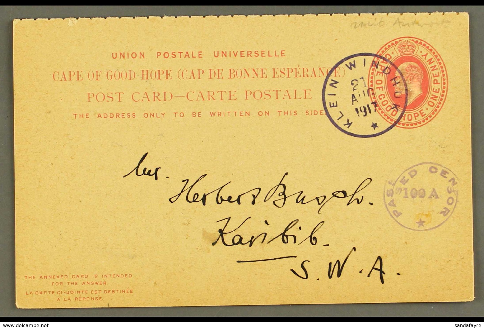 1917 (21 Aug) 1d + 1d KEVII Cape Complete Reply Card To Karibib Cancelled By Superb "KLEIN WINDHUK" Rubber Cds Pmk In Da - Zuidwest-Afrika (1923-1990)