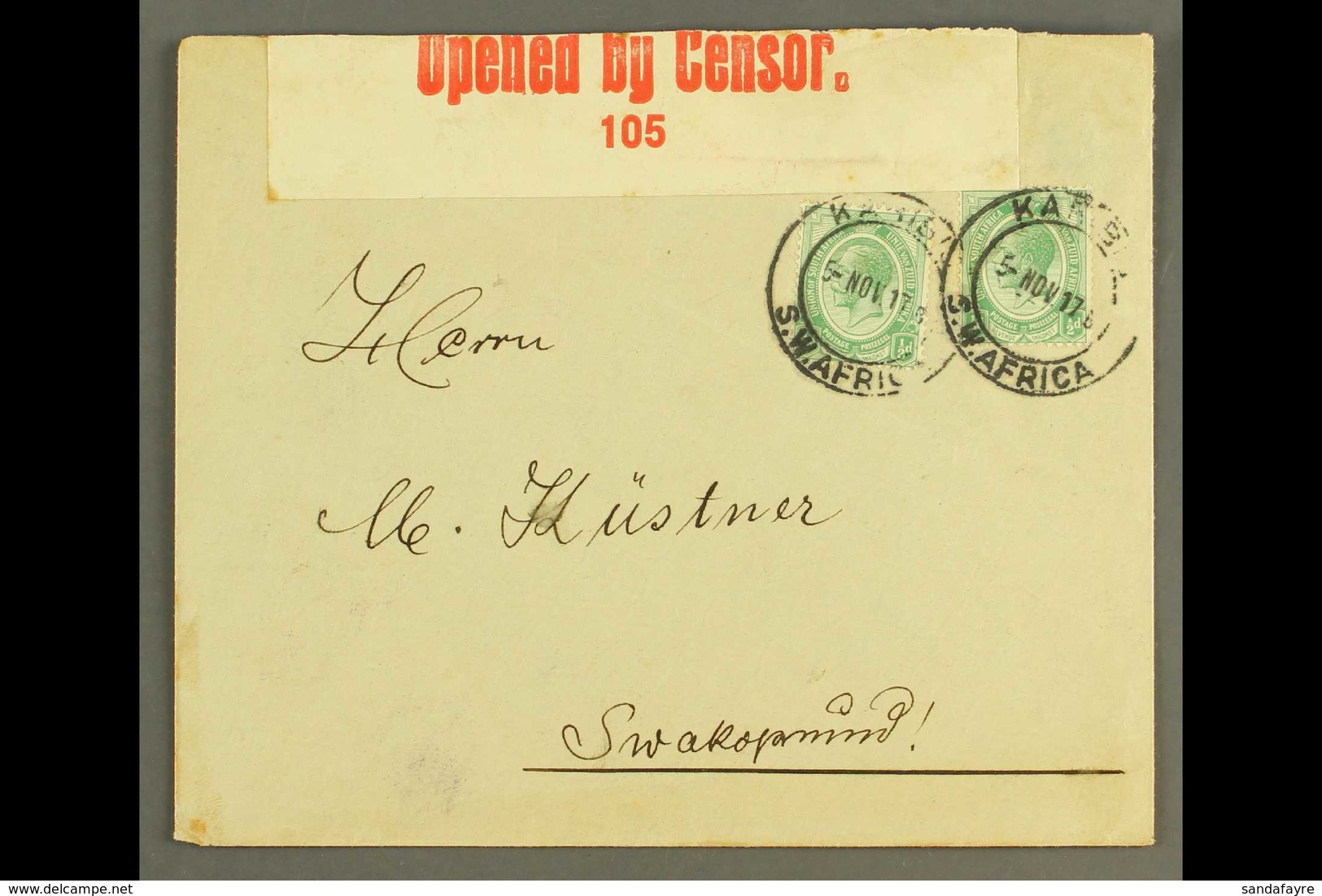 1917 (5 Nov) Env To Swakopmund Bearing Two ½d Union Stamps, These Tied By "KARIBIB" Cds Cancels, Putzel Type B6a , Bilin - Südwestafrika (1923-1990)