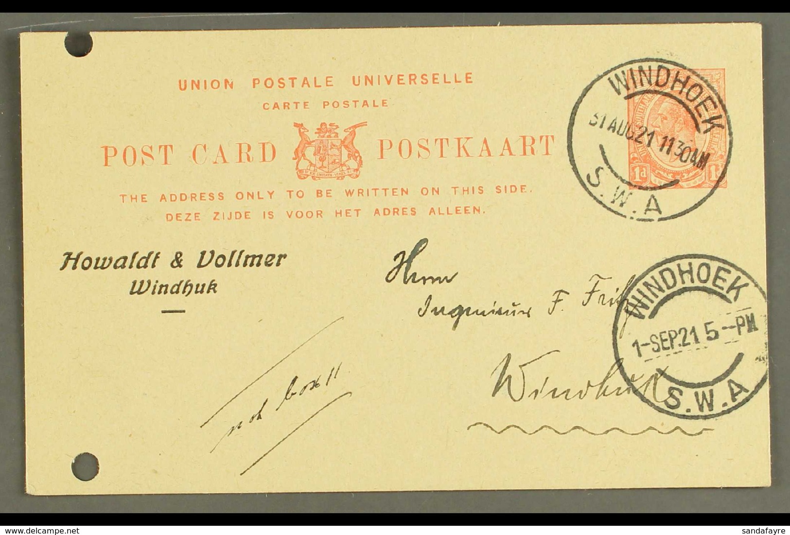 1921 (31 Aug) 1d Union Postal Card To Windhuk Cancelled By Very Fine "WINDHOEK" Cds, Putzel Type 19, With Additional Ver - South West Africa (1923-1990)