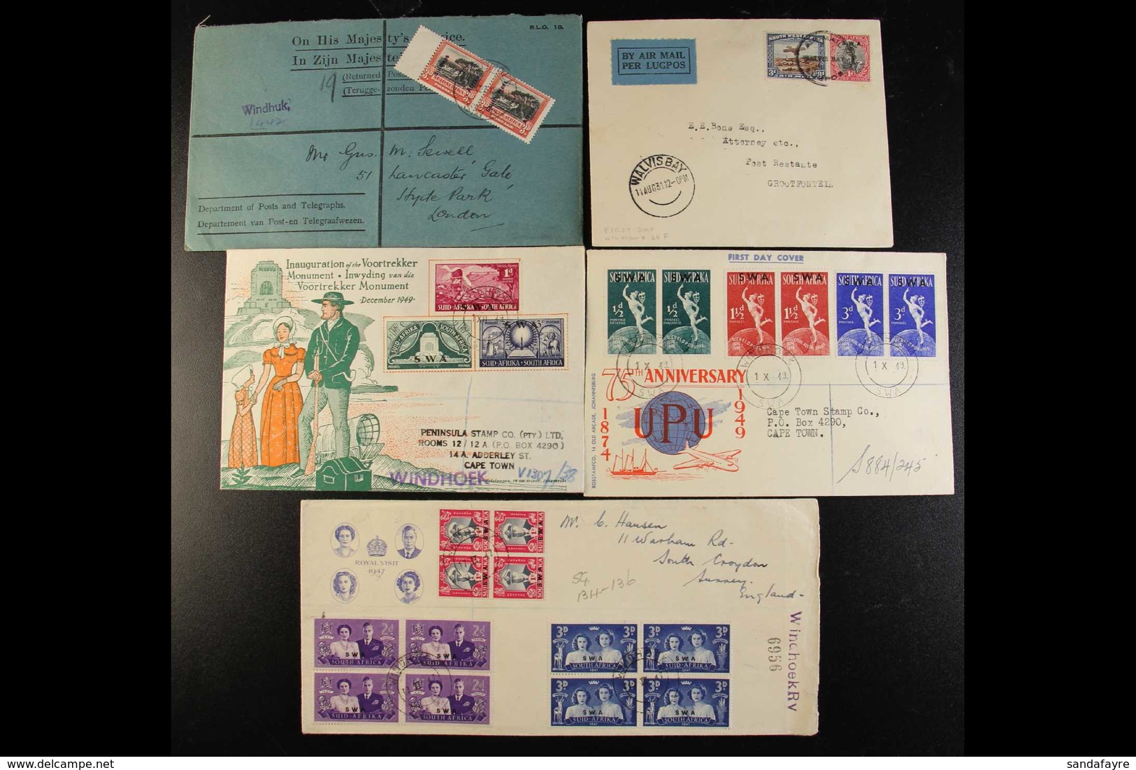 1927-1949 COVERS Small Group Of Covers, Inc 1927 Printed Official Cover Bearing 1927 3d Opt Horiz Pair (SG 50), 1934 Air - South West Africa (1923-1990)