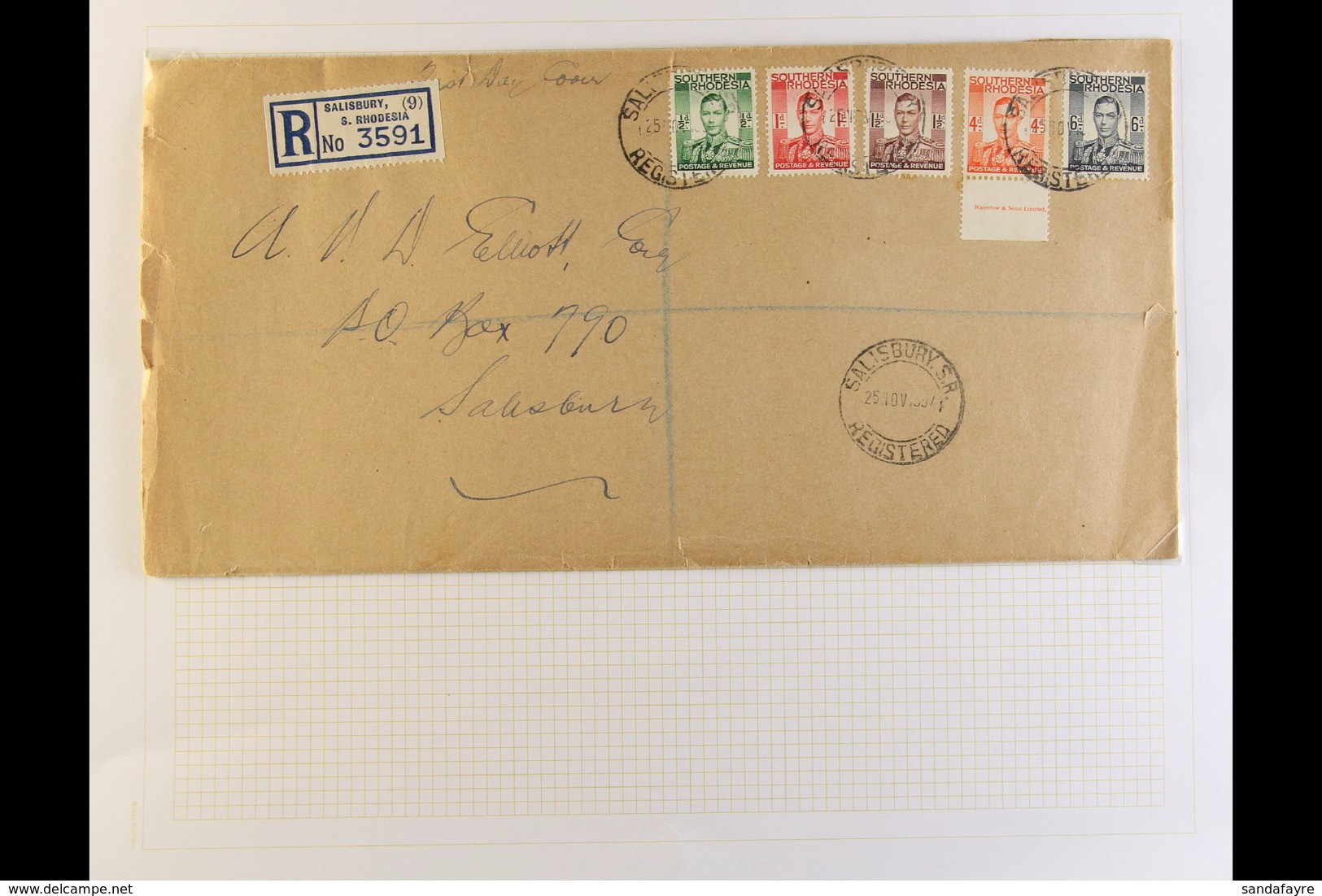 1937 KGVI FIRST DAY COVER ½d To 6d Definitives Used On Plain, Registered Cover, SG 40/4, Tied By Clear Strikes Of Salisb - Zuid-Rhodesië (...-1964)