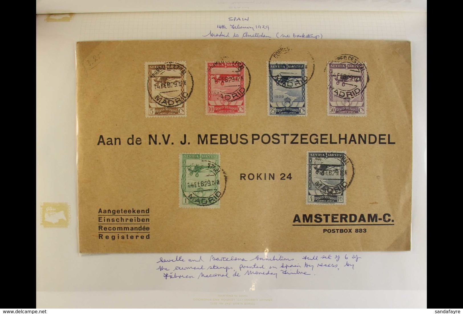 1929 Seville  Bercelona Exhibition Airmail Set Complete On Cover To Amsterdam Tied By Madrid 14 Feb 29 Cds (1st Day) Can - Other & Unclassified