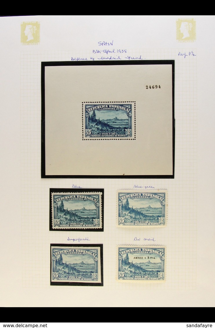 1938 45c + 2p Dull Blue And Light Blue Defence Of Madrid Fund, SG 839, Both Shades, An Imperf Stamp, The Min Sheet MS840 - Andere & Zonder Classificatie