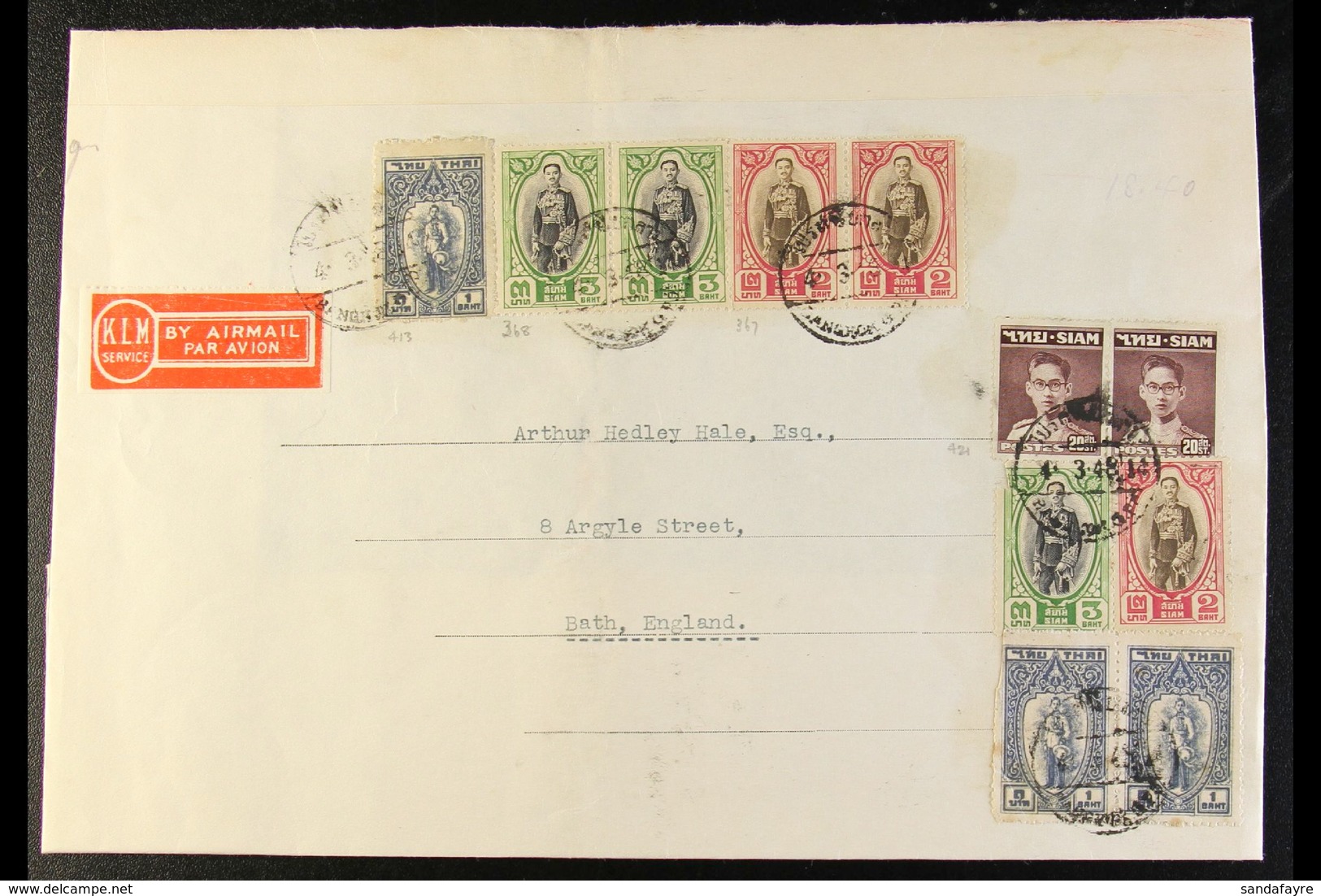 1948 Cover Front To Bath, England Bearing A KLM Airmail Service Label, 1928 Prajadhipok 2b X3, 3b X3, 1943-48 Mahidol 1b - Tailandia