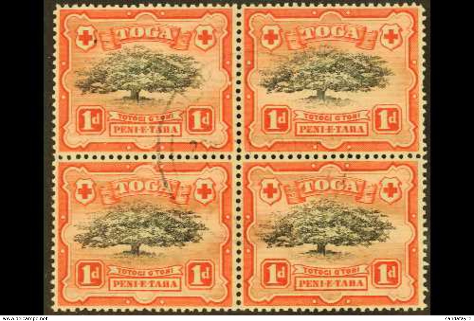 1897 1d Black & Scarlet, SG 39, Fine Cds Used BLOCK Of 4 With One Stamp Showing LOPPED BRANCH Variety, SG 39b. Very Fres - Tonga (...-1970)