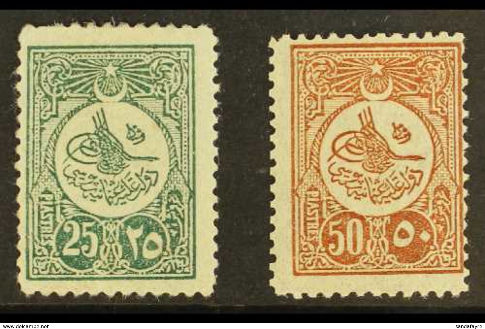 1909 25pi Myrtle Green And 50pi Brown, Perf 12, Tougra Of Sultan Mohamed V, SG 269A/270A, Very Fine And Fresh Mint. (2 S - Other & Unclassified