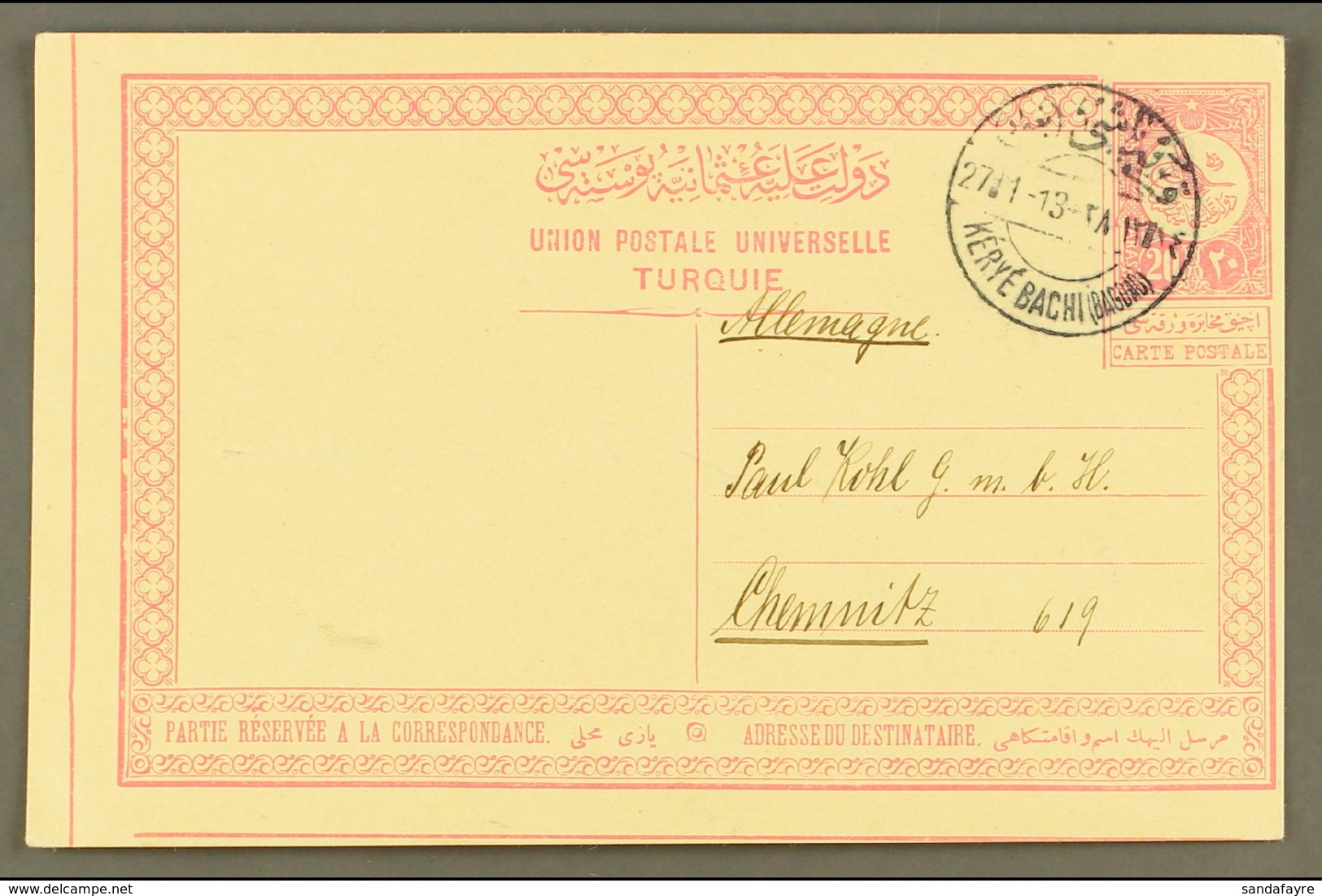 USED IN IRAQ 1913 20pa Postal Stationery Postcard Addressed To Germany, Cancelled By "KERYE BACHI (BAGDAD)" Bilingual Cd - Other & Unclassified