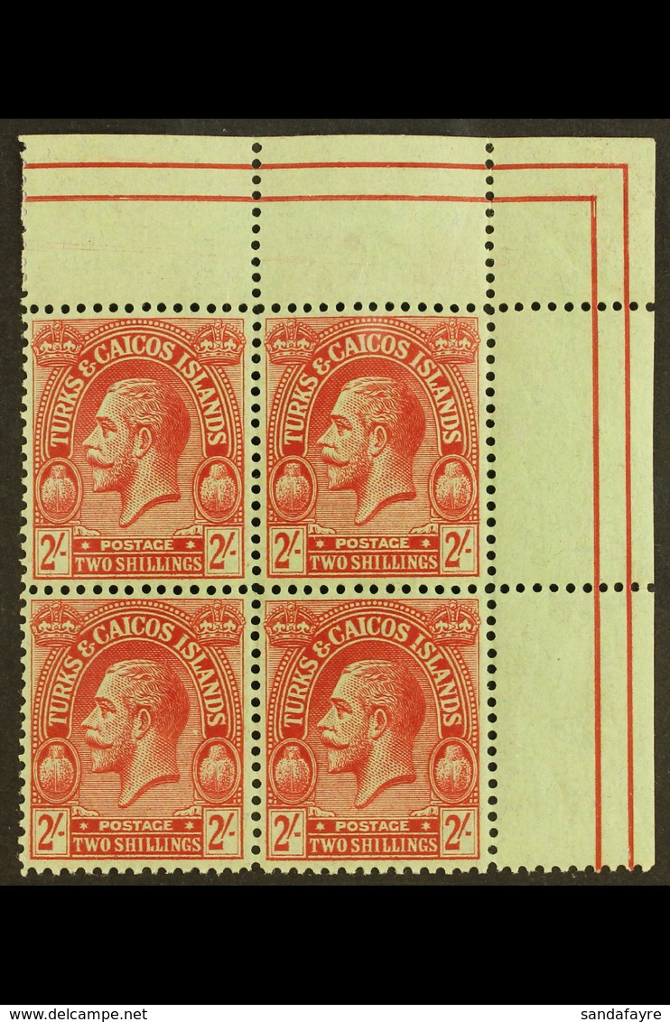 1922-26 2s Red On Emerald Wmk MCA, SG 174, Superb Never Hinged Mint Top Right Corner BLOCK Of 4, Very Fresh. (4 Stamps)  - Turks And Caicos