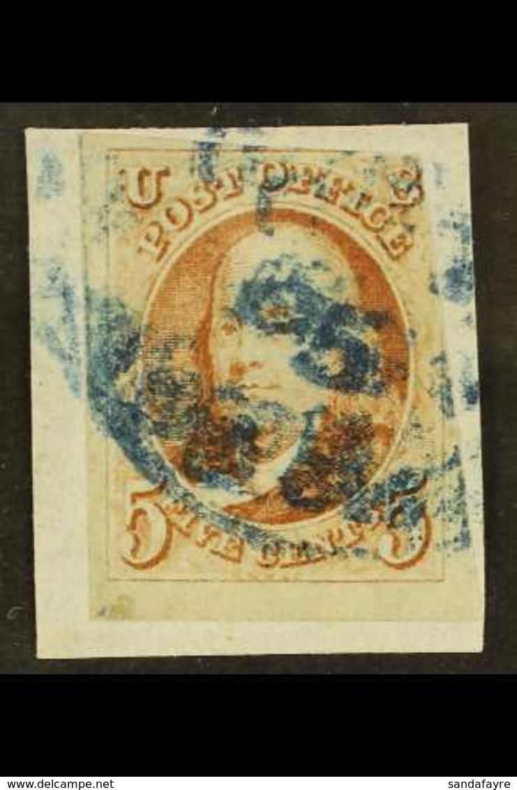 1847 5c Red Brown Imperf (on Piece), Scott 1, 2 Jumbo Margins & Blue Cancel For More Images, Please Visit Http://www.san - Andere & Zonder Classificatie