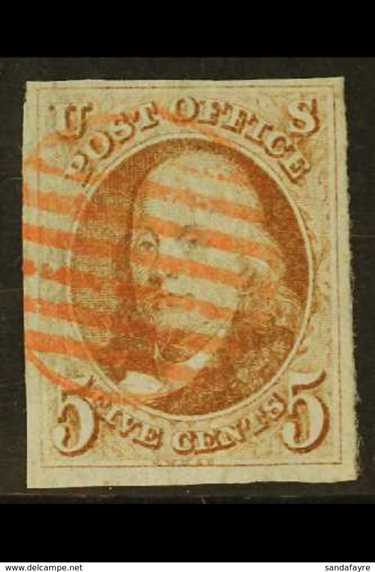 1847-50 5c Reddish Brown Franklin, SG 1, Scott 1, Four Margins And Neat Red Circle Of Bars Cancel, Buhler Guarantee Mark - Other & Unclassified