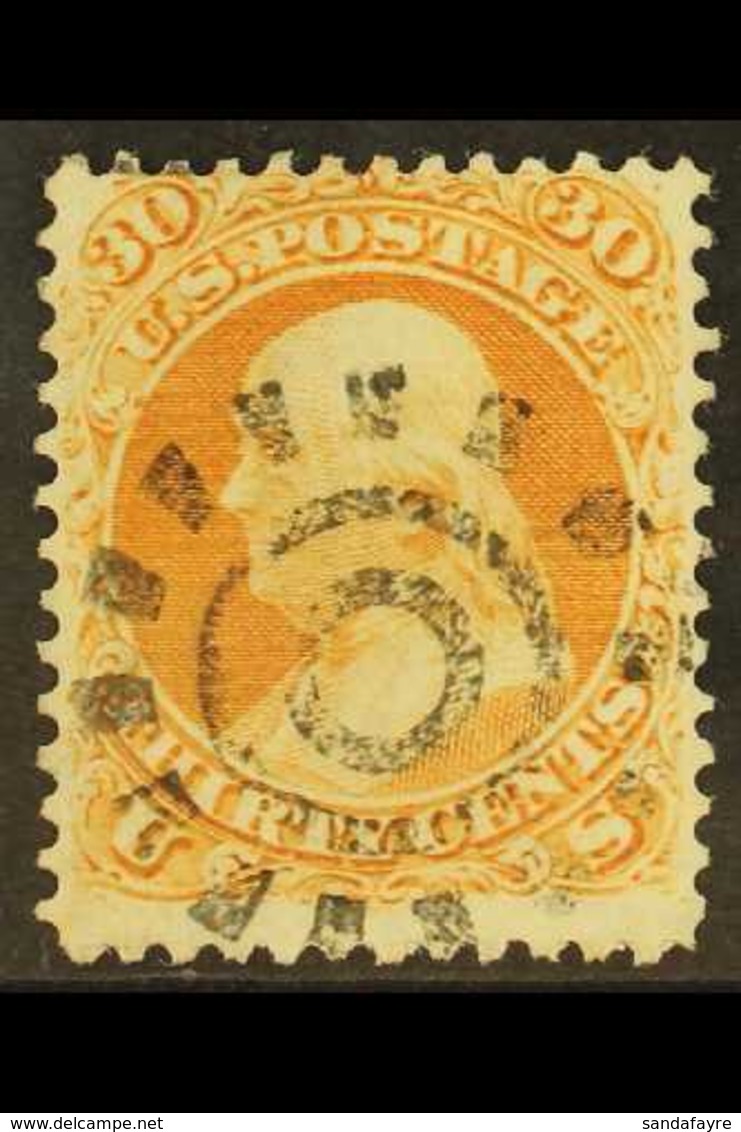 1861-62 30c Orange Franklin, SG 67, Scott 71, Fine With Neat Cogwheel Cork Cancel, Buhler Guarantee Mark. For More Image - Andere & Zonder Classificatie