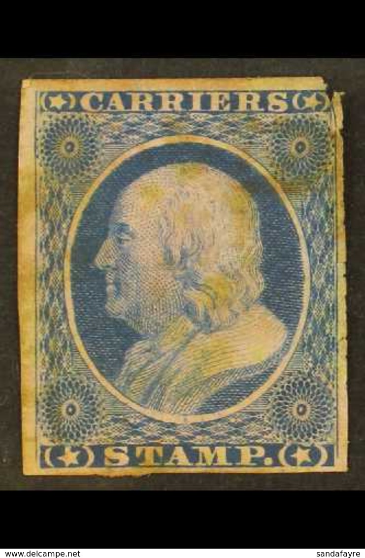 CARRIERS' STAMPS GENERAL ISSUE 1851 1c Dull Blue On Rose, Imperforate, Scott LO1, Used With Red Cancel, Thinned At Right - Andere & Zonder Classificatie