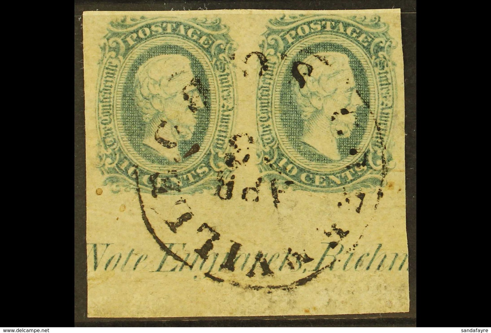 CONFEDERATE STATES 1863 10c Blue Jefferson Davis, SG 12, Scott 11, Lower Marginal Inscription Pair With Neat Cds. For Mo - Other & Unclassified