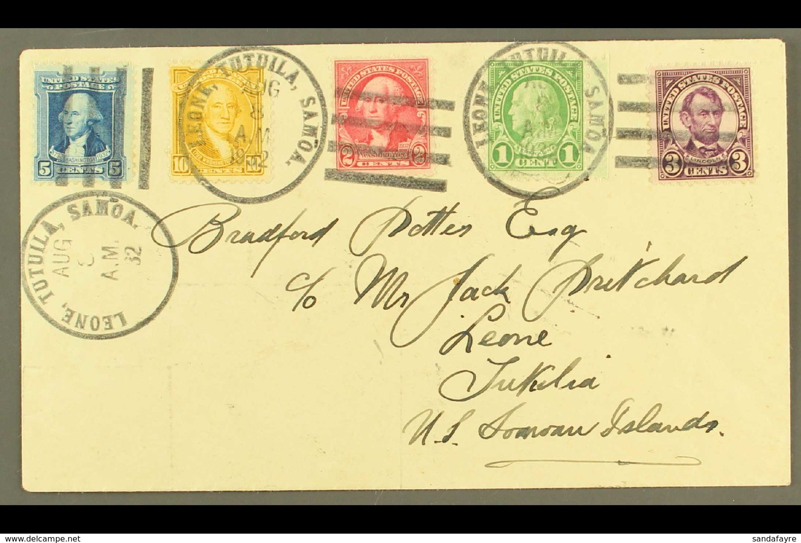 AMERICAN SAMOA 1932 FIVE COLOUR FRANKING Cover Postmarked "LEONE, TUTUILA, SAMOA" Addressed Locally. Eye-catching! For M - Andere & Zonder Classificatie