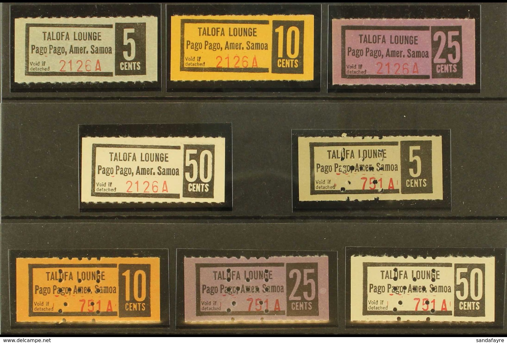 AMERICAN SAMOA Circa 1960s Military Chit Sets For "Talofa Lounge, Pago Pago," Four Coloured Labels For Values Between 5c - Sonstige & Ohne Zuordnung