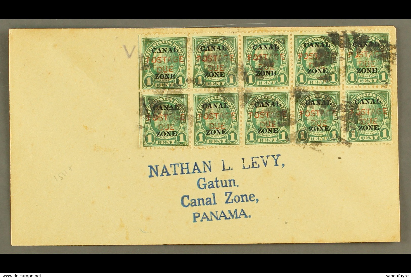 CANAL ZONE POSTAGE DUES 1925 1c Deep Green Overprint (Scott J15) Used BLOCK Of 10 On Philatelic Cover Tied By Cork Cance - Other & Unclassified