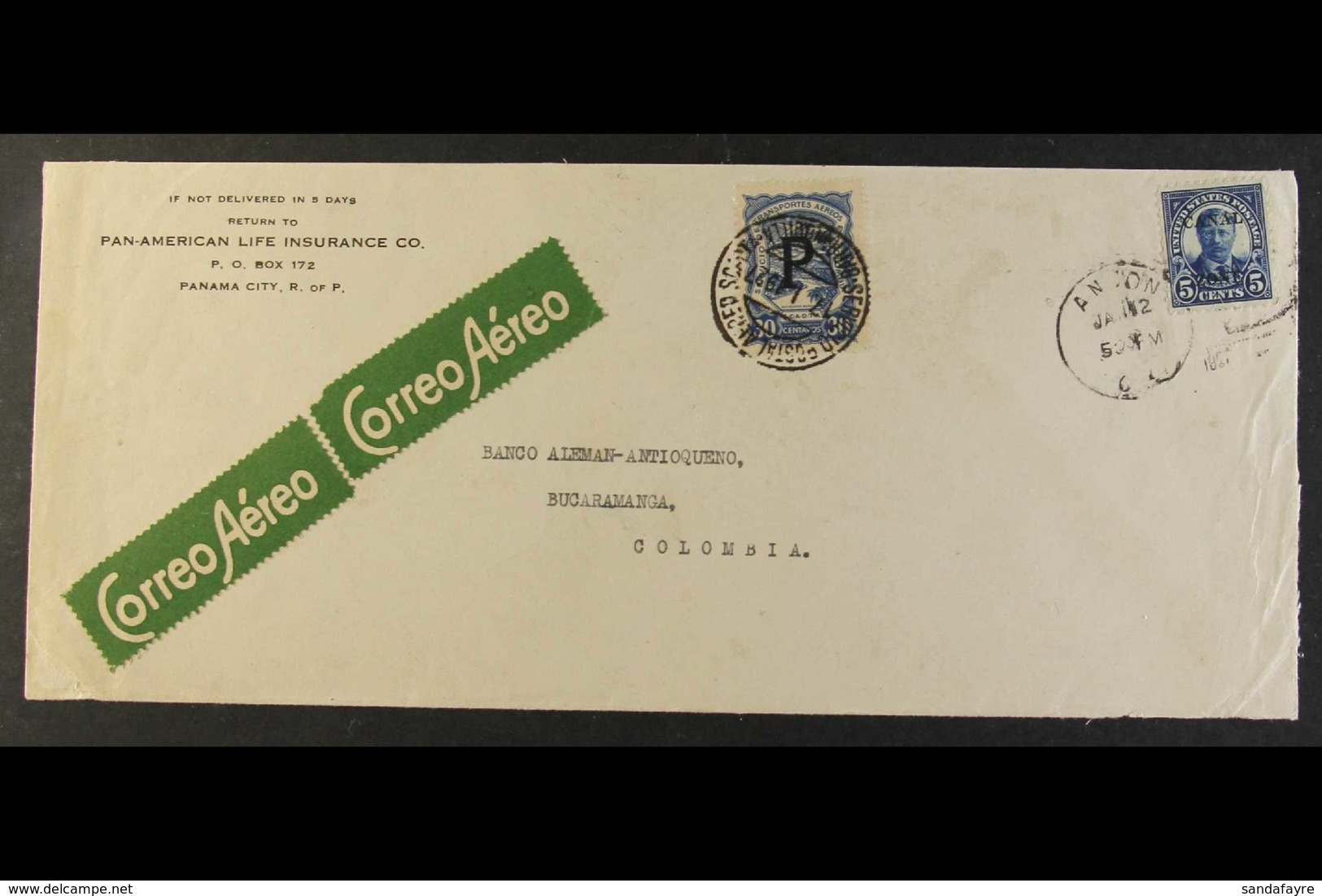 SCADTA CONSULAR MAIL 1927 (12 Jan) Cover From Ancon, Canal Zone Addressed To Bucaramanga, Bearing Canal Zone 5c Opt Tied - Sonstige & Ohne Zuordnung