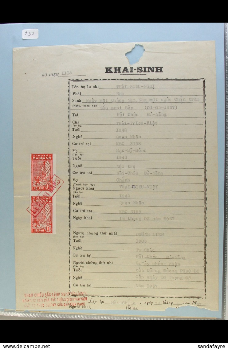REVENUE STAMPS ON COMPLETE DOCUMENTS 1940s-70s Collection Of Documents Bearing A Wide Variety Of Revenue Stamps, Include - Vietnam