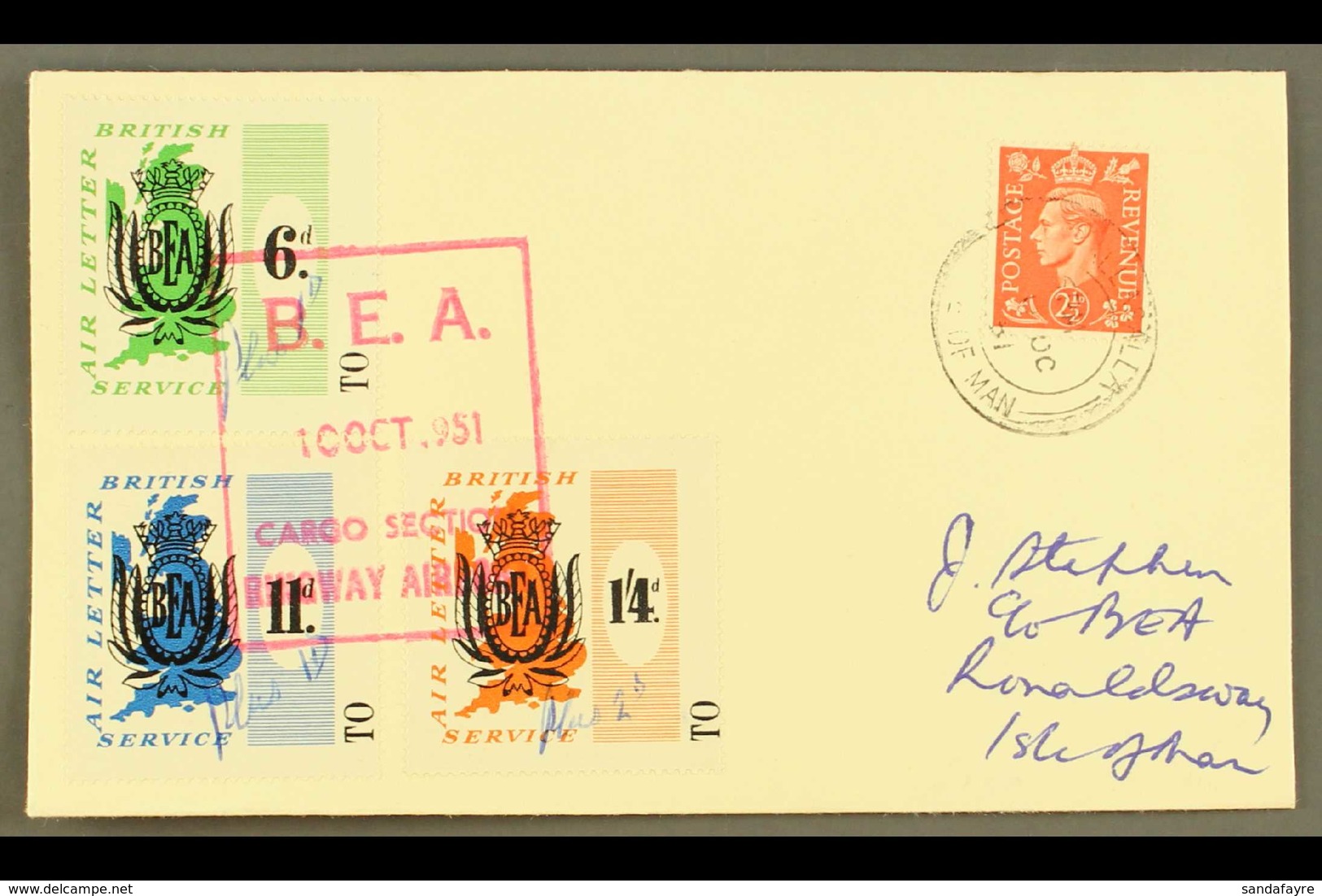 1951 B.E.A. AIR LETTER LOCAL SURCHARGES 1951 (10 Oct) Cover To Isle Of Man Bearing B.E.A. 6d, 11d And 1s4d Labels With M - Andere & Zonder Classificatie