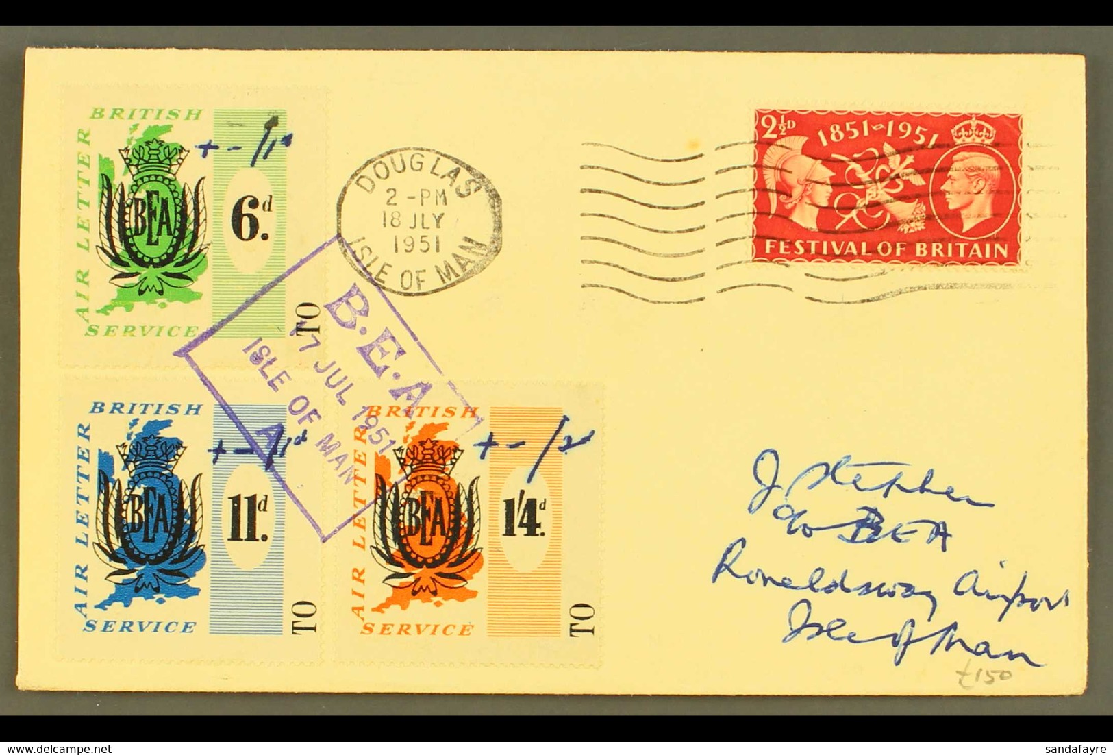 1951 B.E.A. AIR LETTER LOCAL SURCHARGES 1951 (17 July) Cover Bearing B.E.A. 6d, 11d And 1s4d Labels With Manuscript "+1d - Andere & Zonder Classificatie