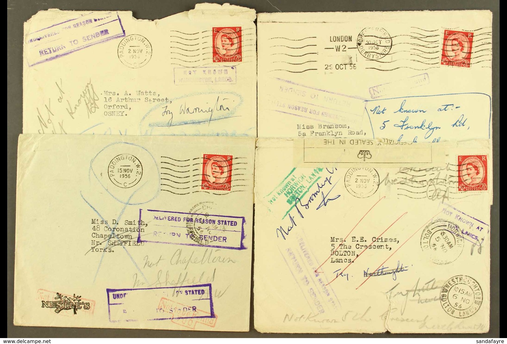 UNDELIVERABLE COVERS 1956 (Oct-Nov) Small Collection Of Covers All Bearing 2½d Wildings And Sent From The Nestle Company - Other & Unclassified