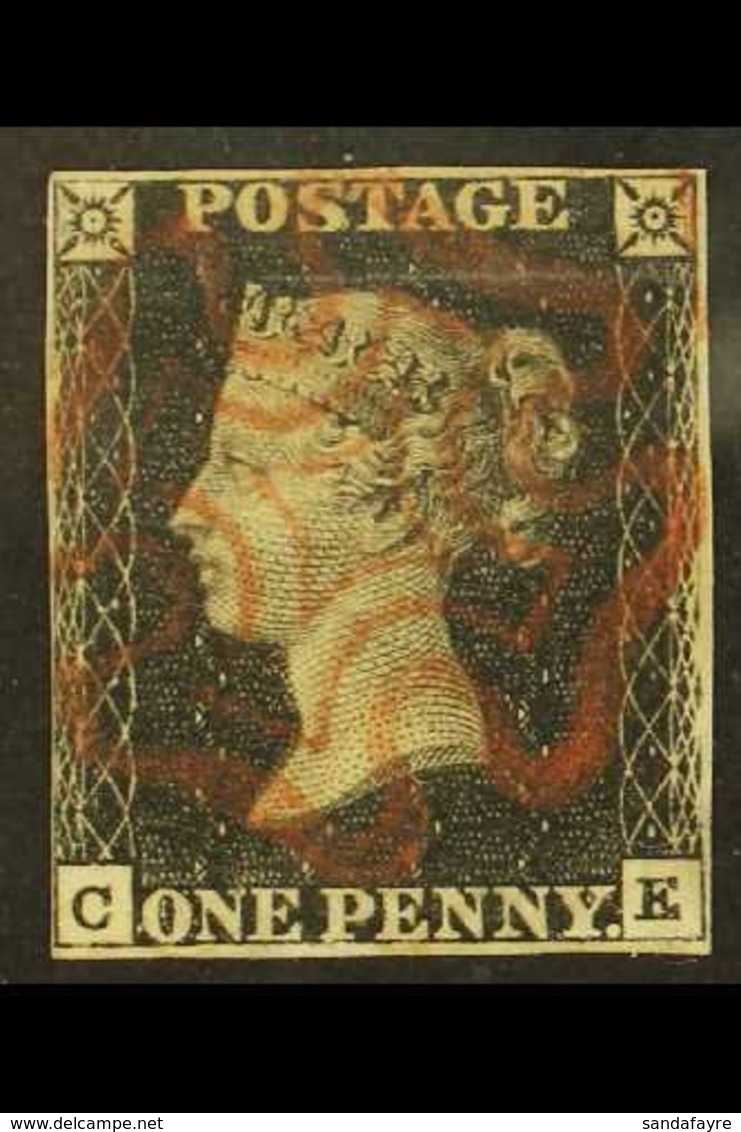 1840 1d Black 'CE' Plate 6, SG 2, Used With 4 Small Margins & Near- Complete Red MC Cancel. Light Scratch Above The Head - Unclassified