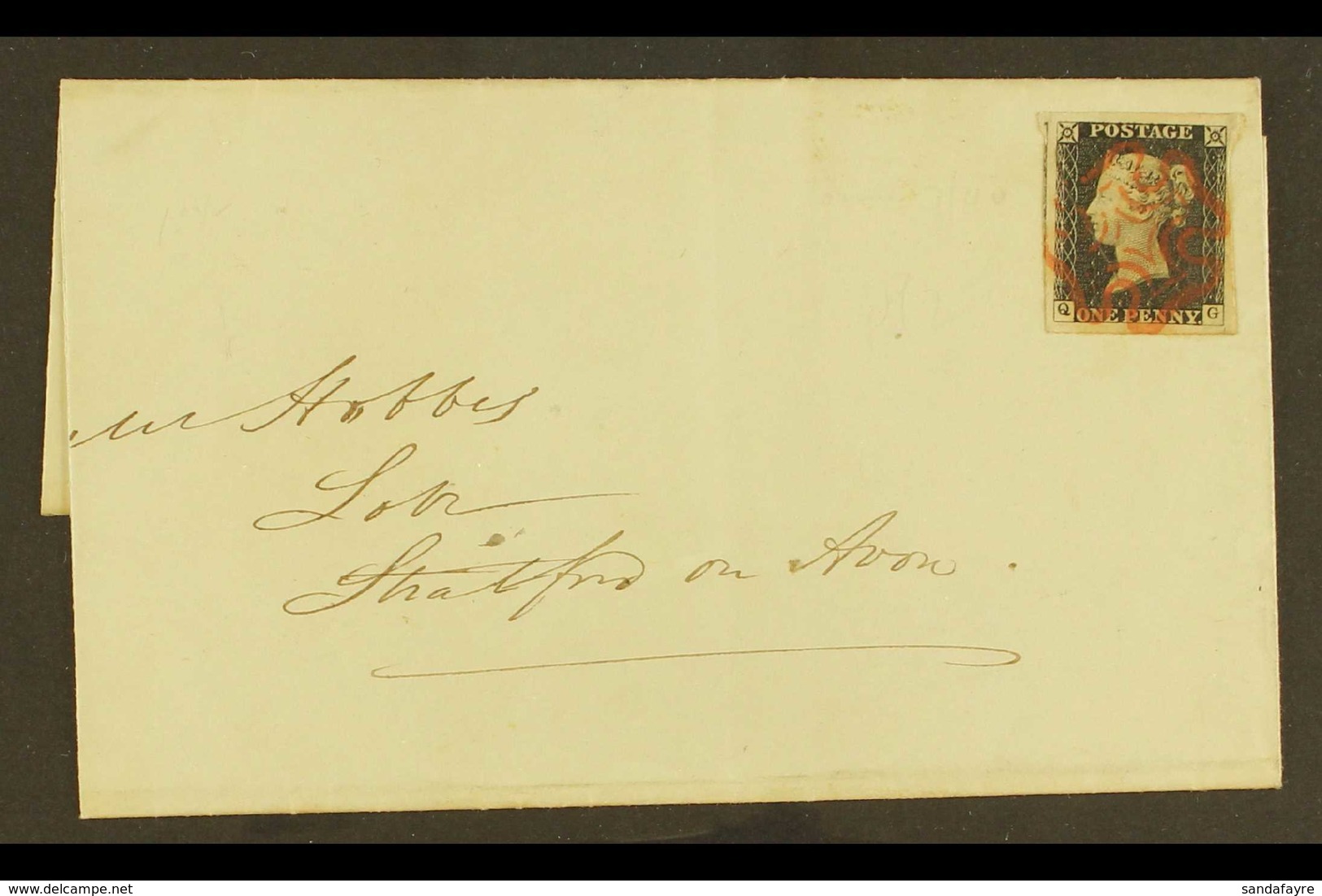 1840 1d Black 'QG' Plate 2, SG 2, Magnificent Used Example With Internal Wrinkle On Cover, Cancelled By Crisp Red Maltes - Non Classés