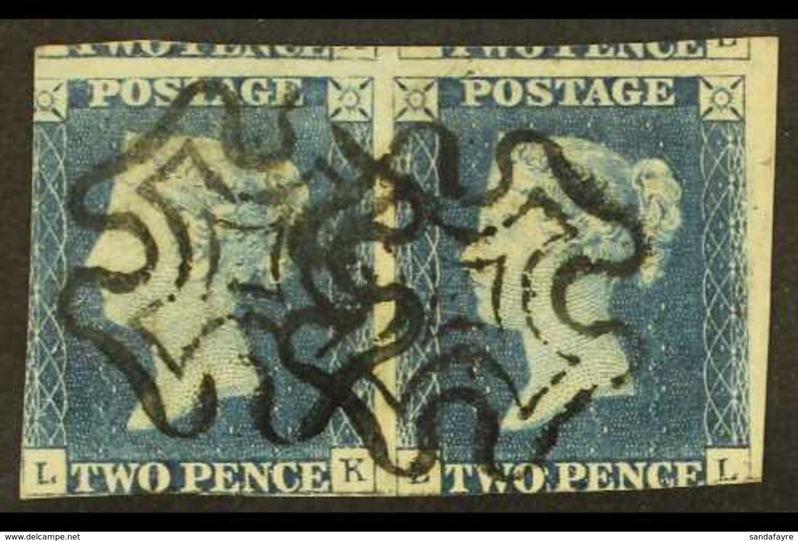 1840 2d Blue PAIR 'LK - LL' Plate 1, SG 5, Used With 2 Neat Black MC Cancels, Into At Bottom & Left With Portions Of Adj - Other & Unclassified