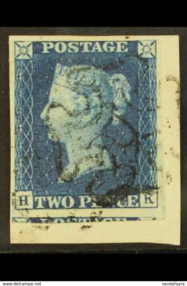 1840 2d Deep Full Blue 'HK' Plate 2, SG 4, Used With 3 Margins And Large Portion Of Adjoining Stamp At Base, Just Brushi - Sonstige & Ohne Zuordnung