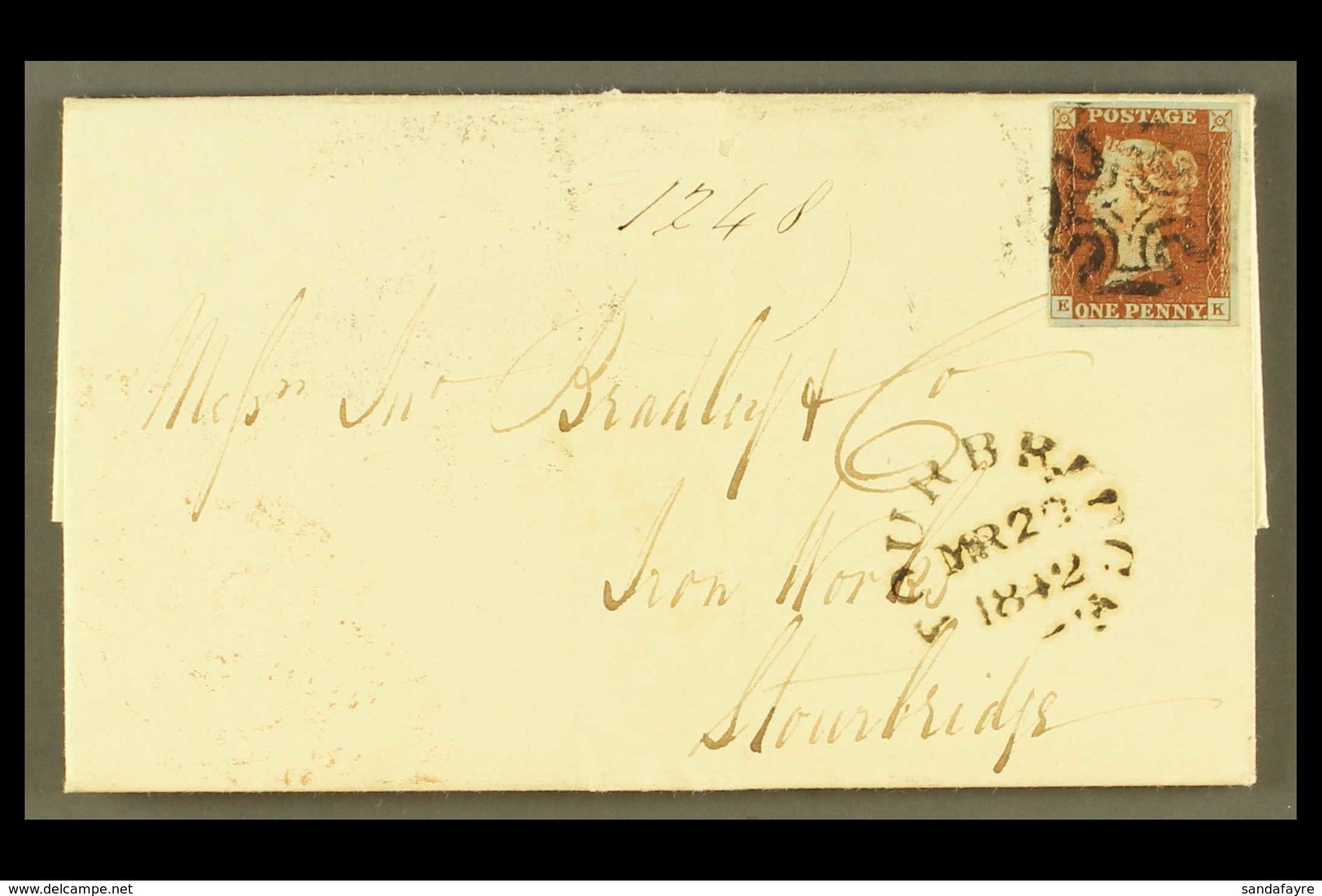 1841 "BLACK PLATE" ON COVER. 1842 (19 Mar) EL From Manchester To Stourbridge Bearing 1841 1d Red-brown 'EK' From Plate 9 - Andere & Zonder Classificatie