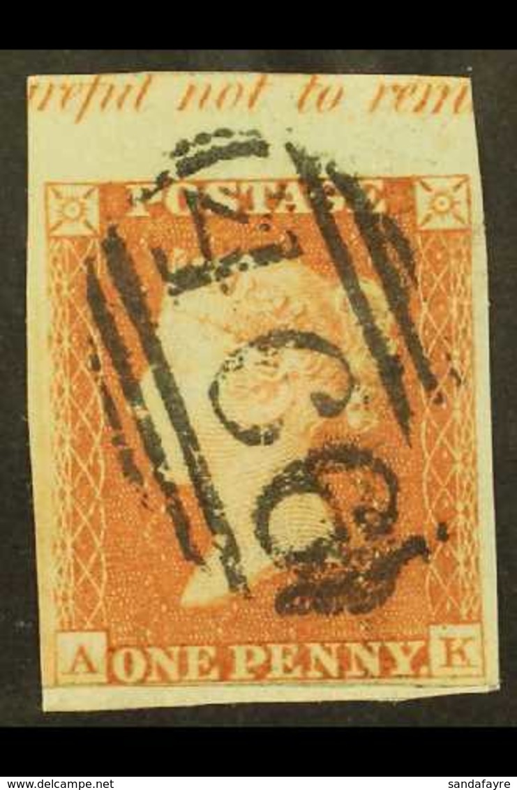 1841 1d Red- Brown 'AK' With Portion Of Sheet Margin At Top Showing The "(ca)rful Not To Rem(ove)" Partial Inscription,  - Other & Unclassified