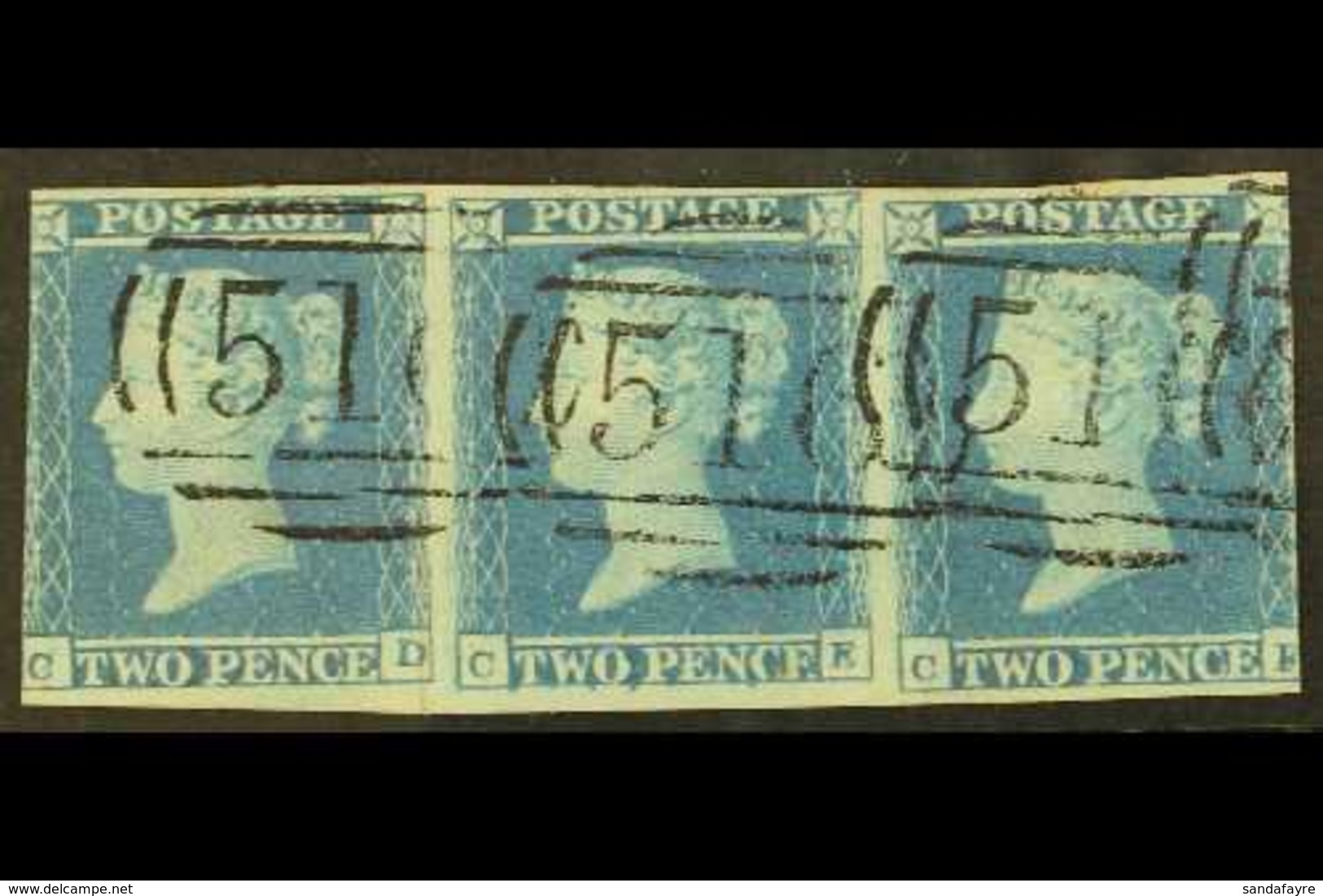1841 2d Blue Plate 4 'CD - CF' STRIP OF THREE, The Center Stamp 'CE' With RE-ENTRY, SG Spec ES14b, Very Fine Used With F - Other & Unclassified