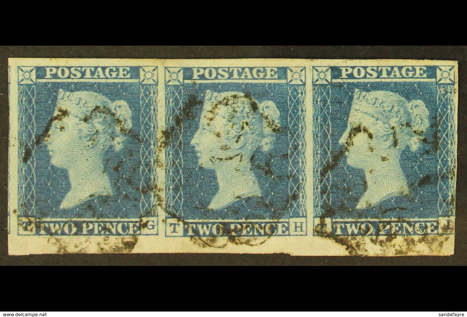 1841 2d Blue, SG 14e, Plate 3, Horizontal Strip Of Three, 'TG' - 'TI', With Large Margins Taking In Portion Of Sheet Mar - Autres & Non Classés