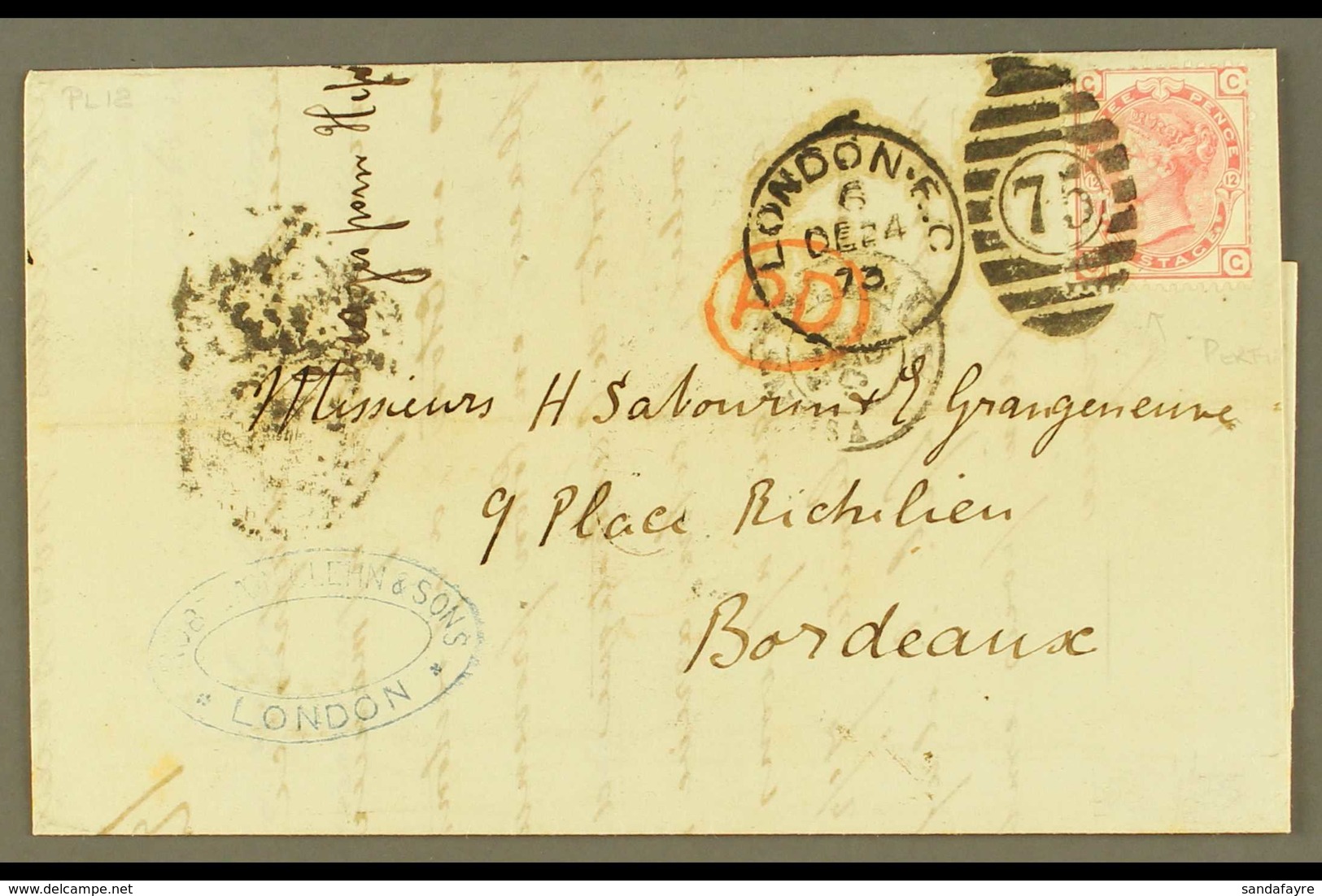 1873 (24 Dec) EL From London To Bordeaux Bearing 3d Rose With PERFIN Of Robert Van Glehn & Sons With Their Cachet Alongs - Andere & Zonder Classificatie