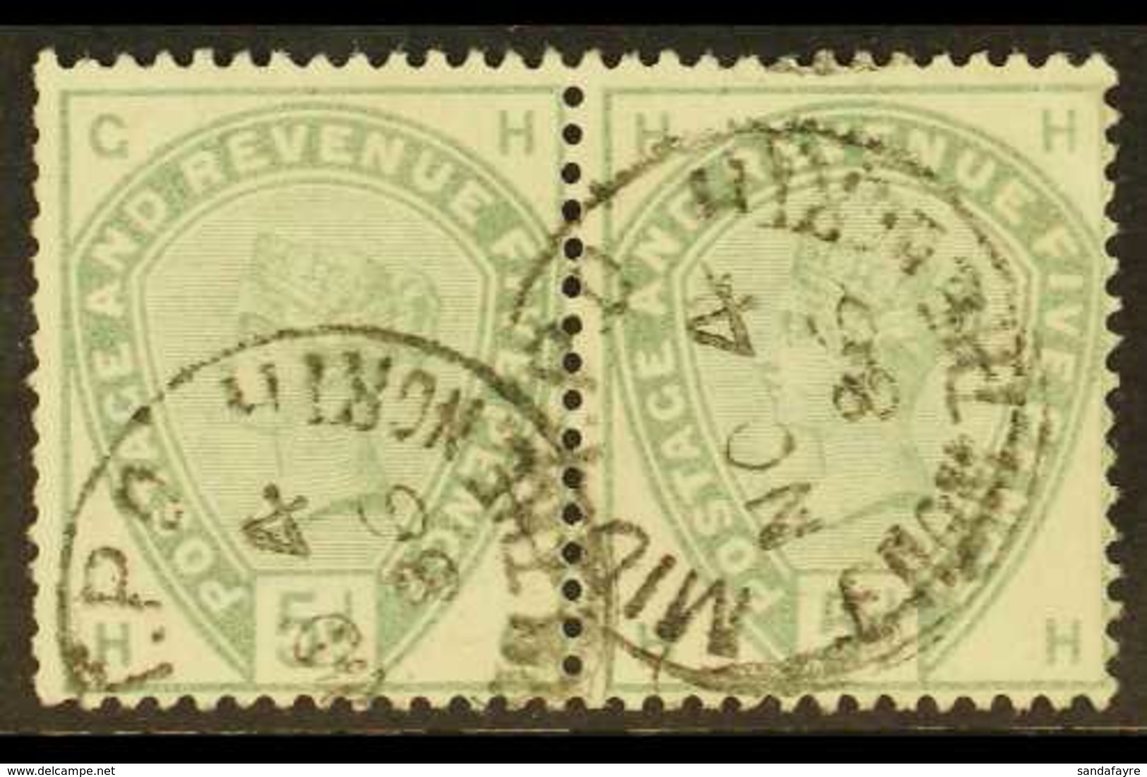 1884 5d Dull Green, SG 193, A Used PAIR With Delicate Fully Dated Cds Cancellations. Cat £420.(2 Stamps). For More Image - Andere & Zonder Classificatie