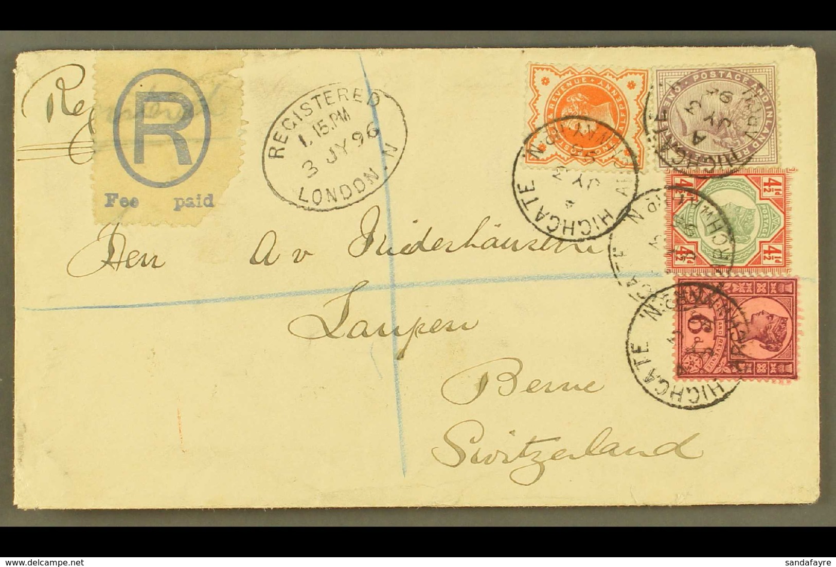 1896 (3 July) Env Registered From London To Berne, Switzerland Bearing A Spectacular 4- Colour Franking Of The 1d Lilac  - Andere & Zonder Classificatie