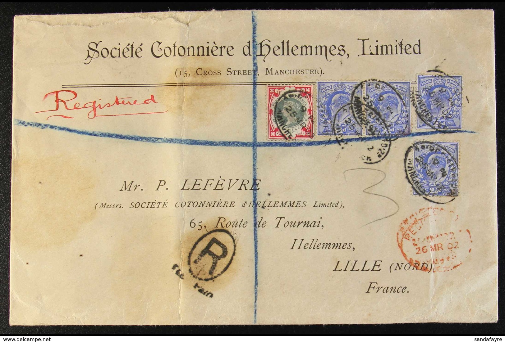 1902 (25 Mar) Envelope Registered From Manchester To France Bearing The QV 1s Green And Carmine "Jubilee" (SG 214) & KEV - Andere & Zonder Classificatie