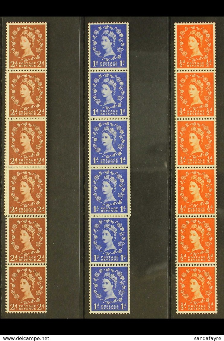 1958-61 VERTICAL STRIPS OF 10 Graphite Lined ½d Orange-red (upright Wmk) - SG 587, 1d Ultramarine - SG 588 & 2d Light Re - Other & Unclassified