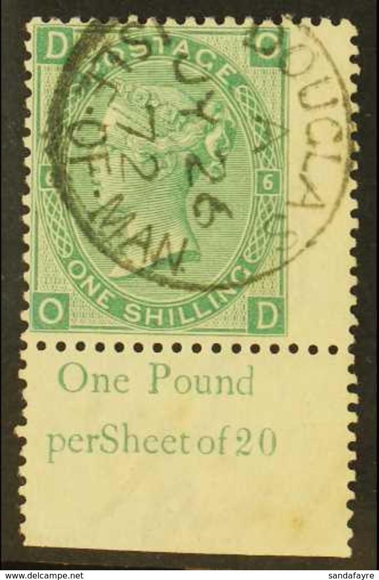 ISLE OF MAN GB 1867-80 1s Green Plate 6, Wmk Spray, SG 113, Very Fine Used, Bottom Right  Corner Stamp With Intact Sheet - Other & Unclassified