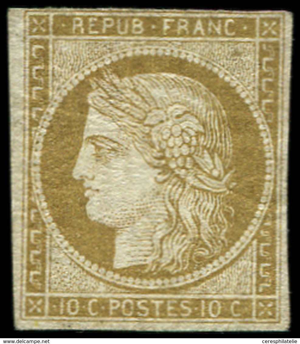 * EMISSION DE 1849 1b   10c. Bistre VERDATRE, Gomme Partielle, Marge Fine En Haut, Sinon TB, Certif. JF Brun - 1849-1850 Cérès