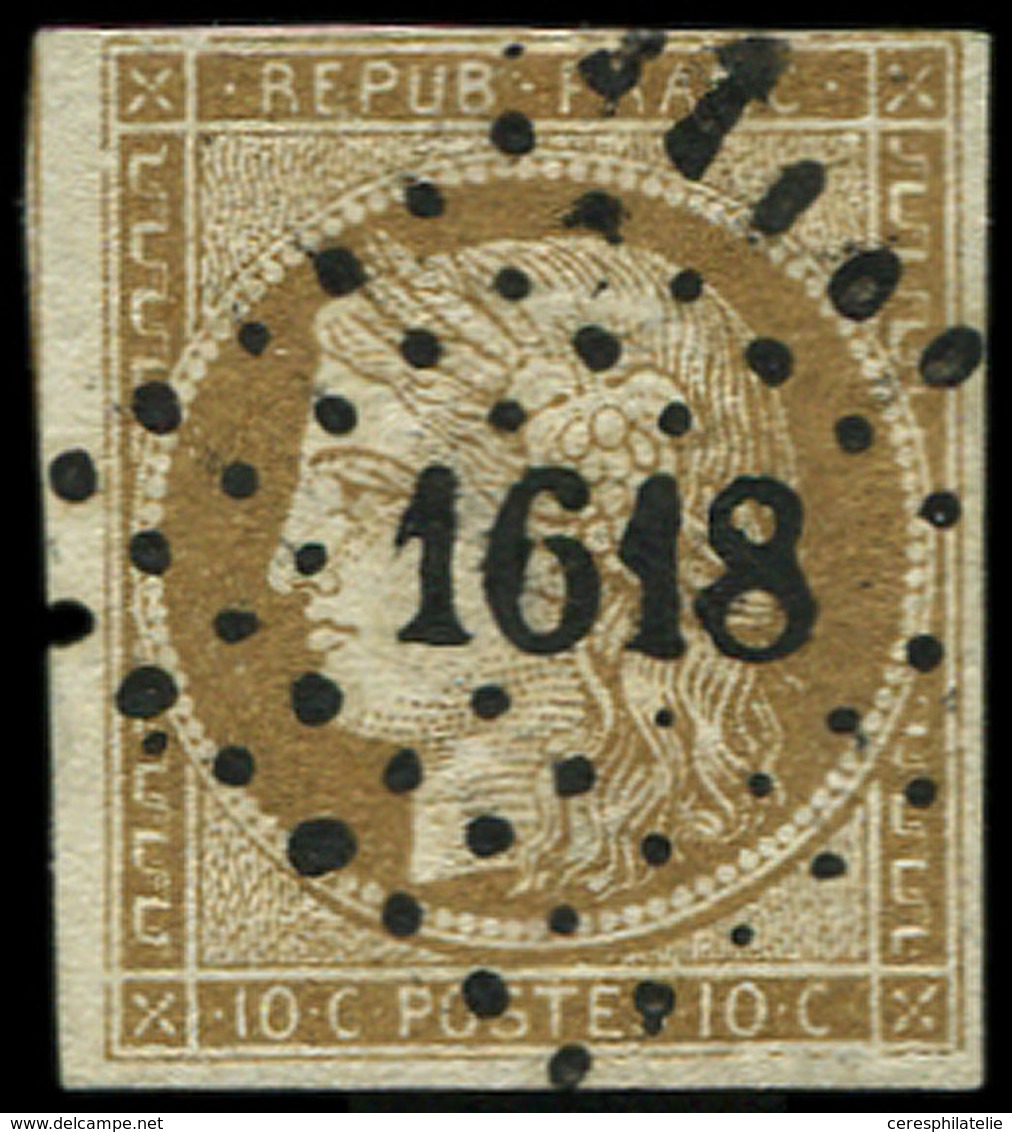 EMISSION DE 1849 1c   10c. Bistre VERDATRE FONCE, Marge Fine En Haut Et Infime Pelurage, Nuance Certifiée Jacquart, R, B - 1849-1850 Ceres