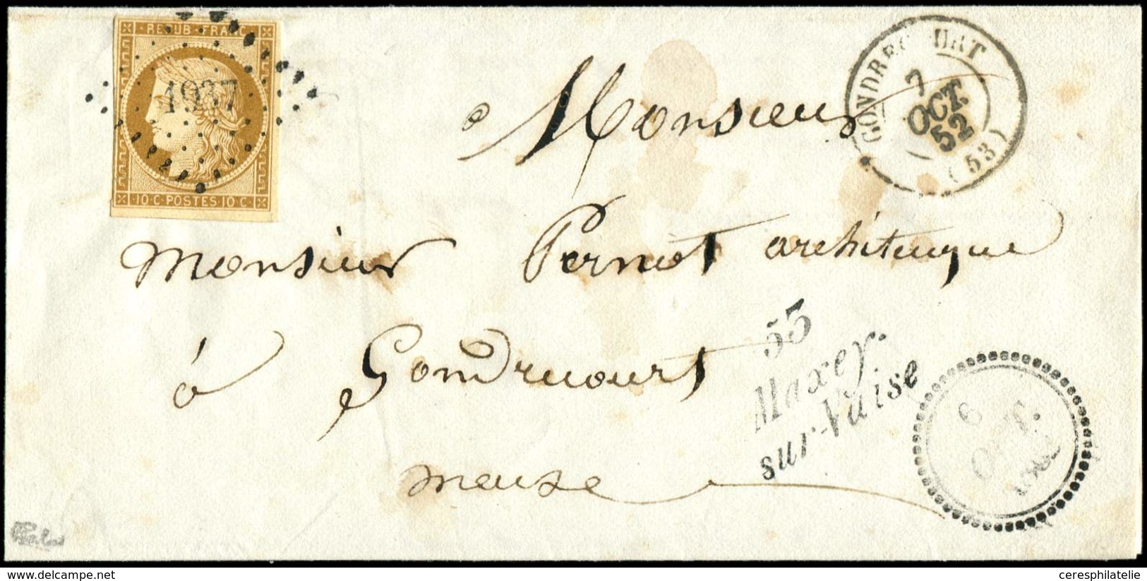 Let EMISSION DE 1849 1    10c. Bistre-jaune, Obl. PC 1937 S. LAC, Càd T15 GONDRECOURT 7/10/52, Cursive 53/MAXEY/SUR VAIS - 1849-1850 Ceres