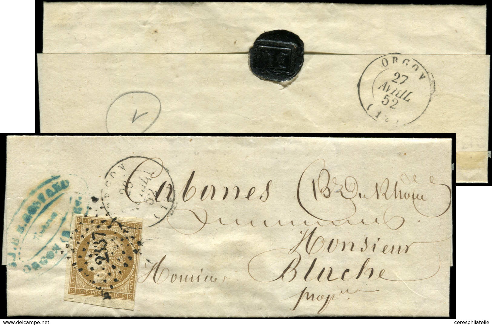 Let EMISSION DE 1849 1    10c. Bistre-jaune, Petit Bdf, Obl. PC 2337 S. LAC, Càd T15 (OR)GON 26/7/52, TB - 1849-1850 Ceres