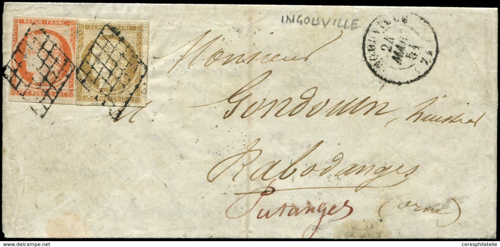 Let EMISSION DE 1849 1    10c. Bistre-jaune + N°5 40c. Orange, Obl. GRILLE S. LAC, Càd T15 INGOUVILLE 24/5/51, Timbres D - 1849-1850 Ceres