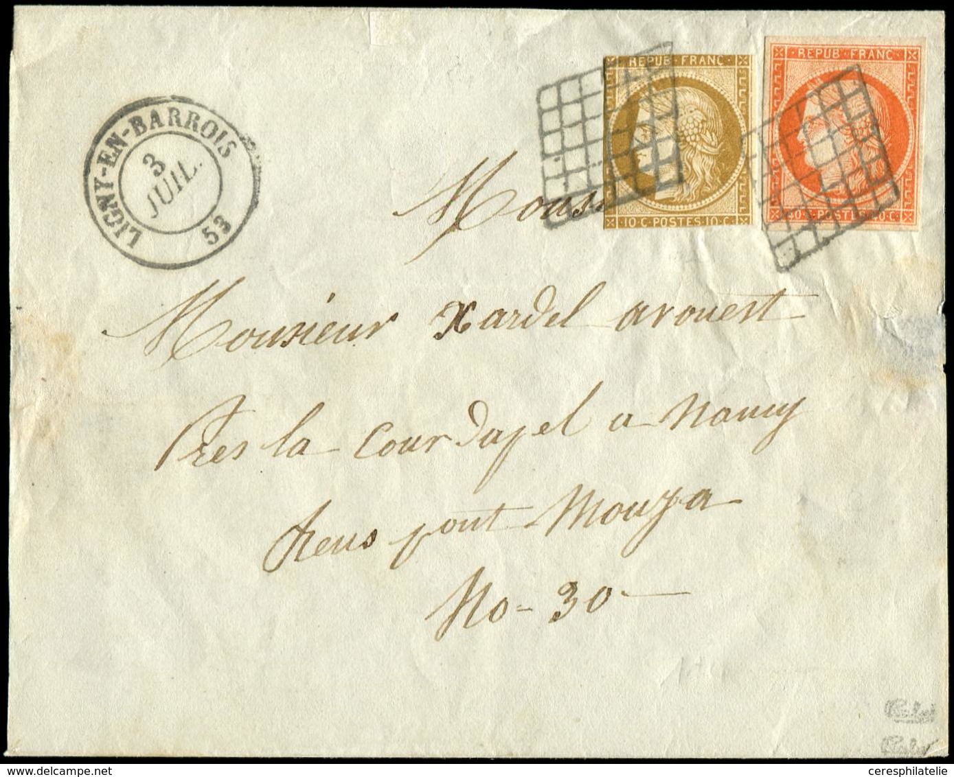 Let EMISSION DE 1849 1 Et 5, 10c. Bistre Entamé Et 40c. Orange TB, Obl. GRILLE S. LSC, Càd T15 LIGNY-EN-BARROIS 3/7/(53) - 1849-1850 Ceres