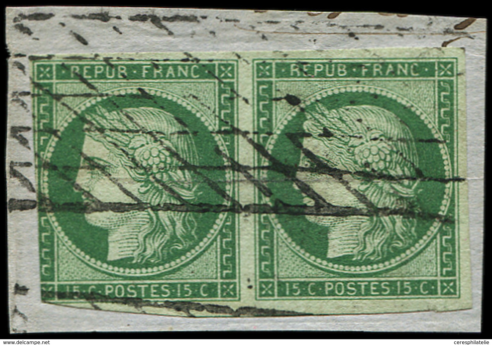 EMISSION DE 1849 2    15c. Vert, PAIRE, Un Ex. Entamé, Obl. GRILLE SANS FIN S. Fragt, B/TB - 1849-1850 Cérès