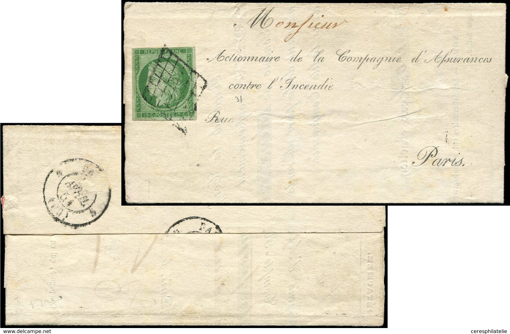 Let EMISSION DE 1849 2    15c. Vert, Obl. GRILLE S. Reçu De La Compagnie D'Assurances, Au Verso Càd PARIS 30/4/51, TB - 1849-1850 Cérès