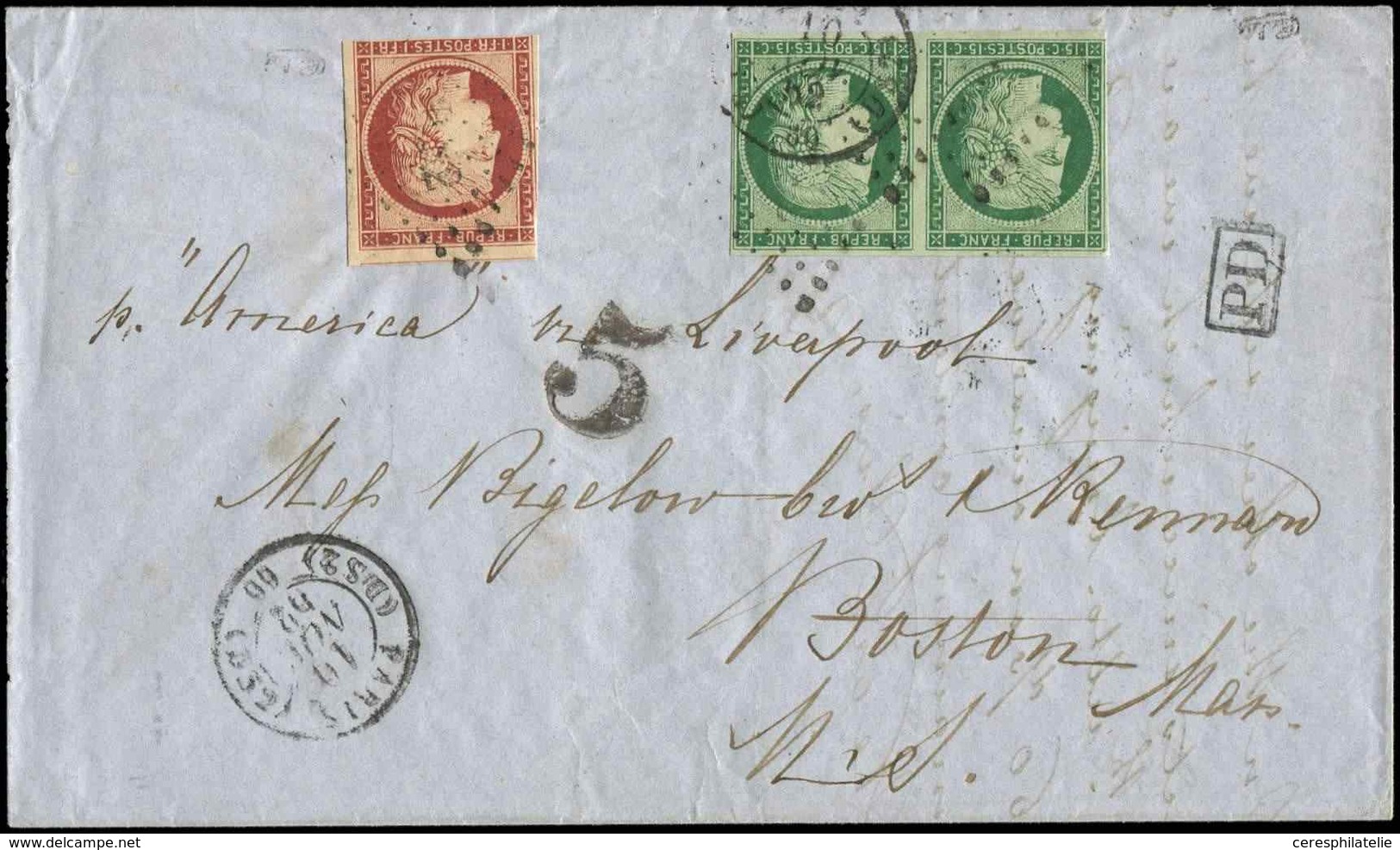 Let EMISSION DE 1849 2    15c. Vert PAIRE + N°6 1f. Carmin, Filet Coupé, Obl. Los. DS2 S. LAC, Càd PARIS (DS2) 10/11/52  - 1849-1850 Cérès