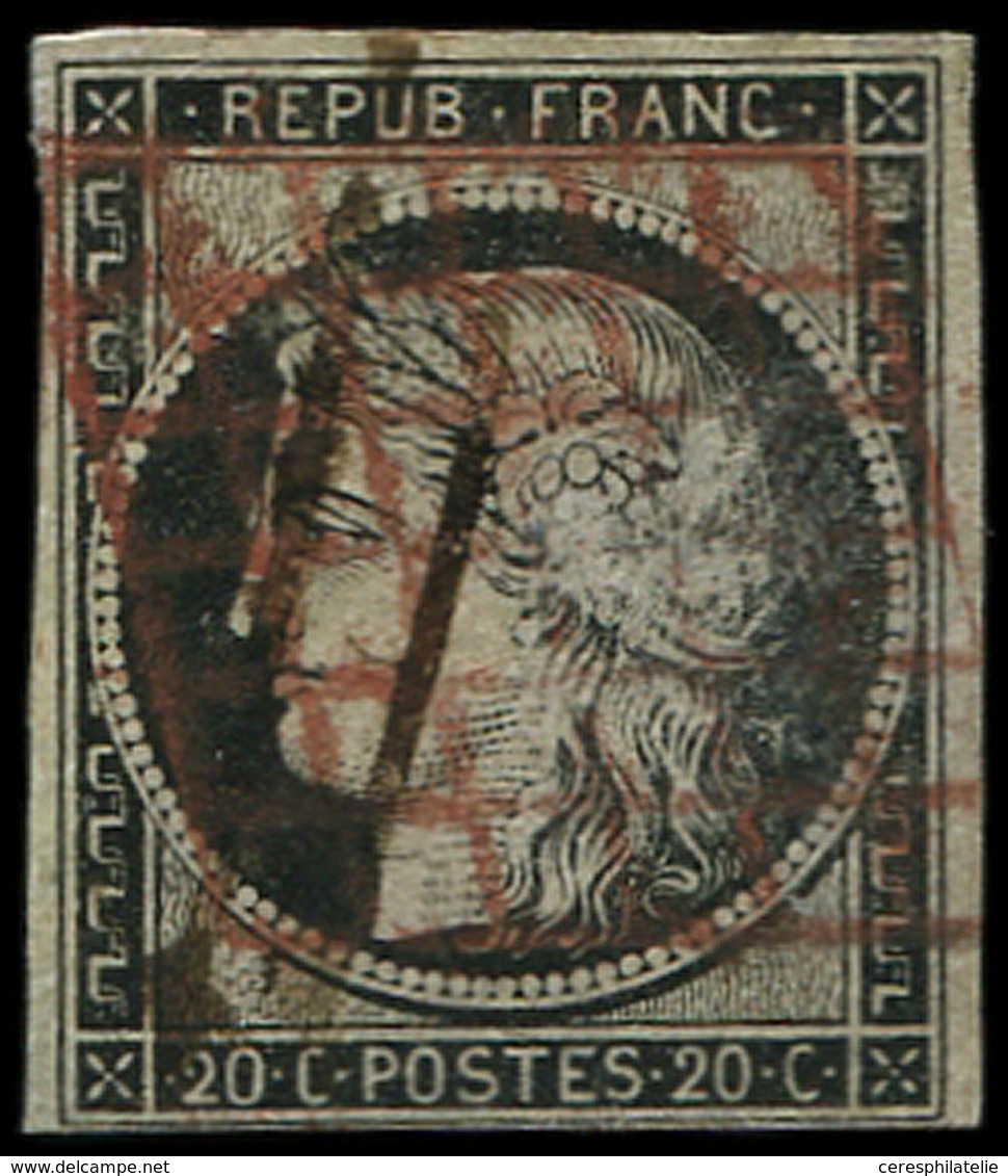 EMISSION DE 1849 3    20c. Noir Sur Jaune, Obl. GRILLE ROUGE Et Plume, TB, Cote Cérès - 1849-1850 Cérès