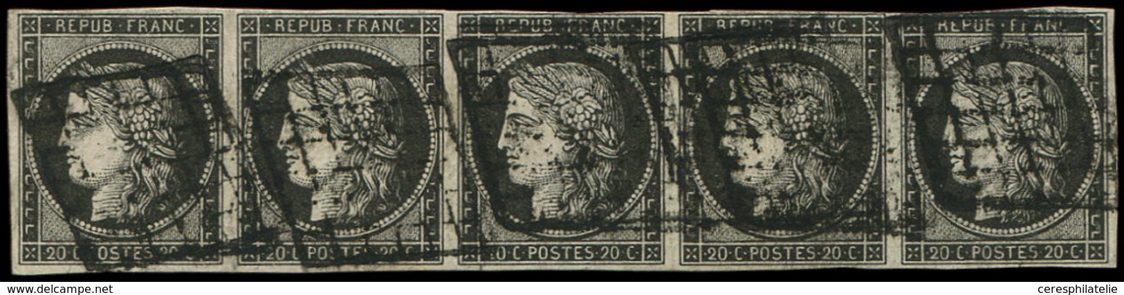 EMISSION DE 1849 3a   20c. Noir Sur Blanc, BANDE De 5, Un Ex. Filet Touché, Obl. GRILLE (un Peu Lourde), Une BANDE De 4 - 1849-1850 Ceres